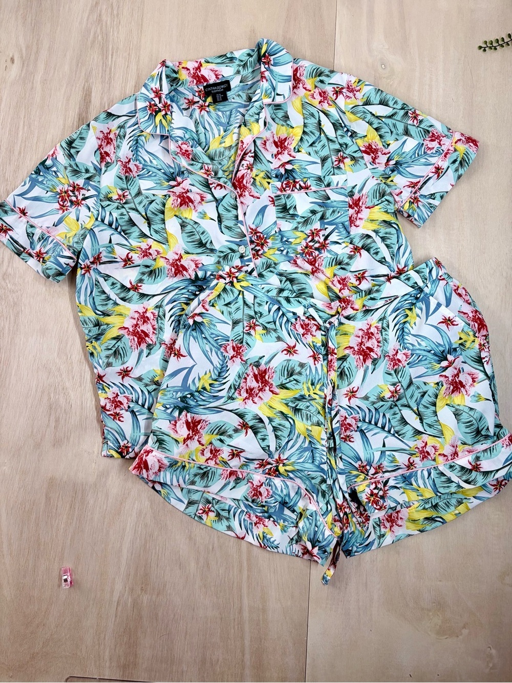 Cynthia Rowley Tropical Floral 2-Piece Pajama Set Medium Blue Green